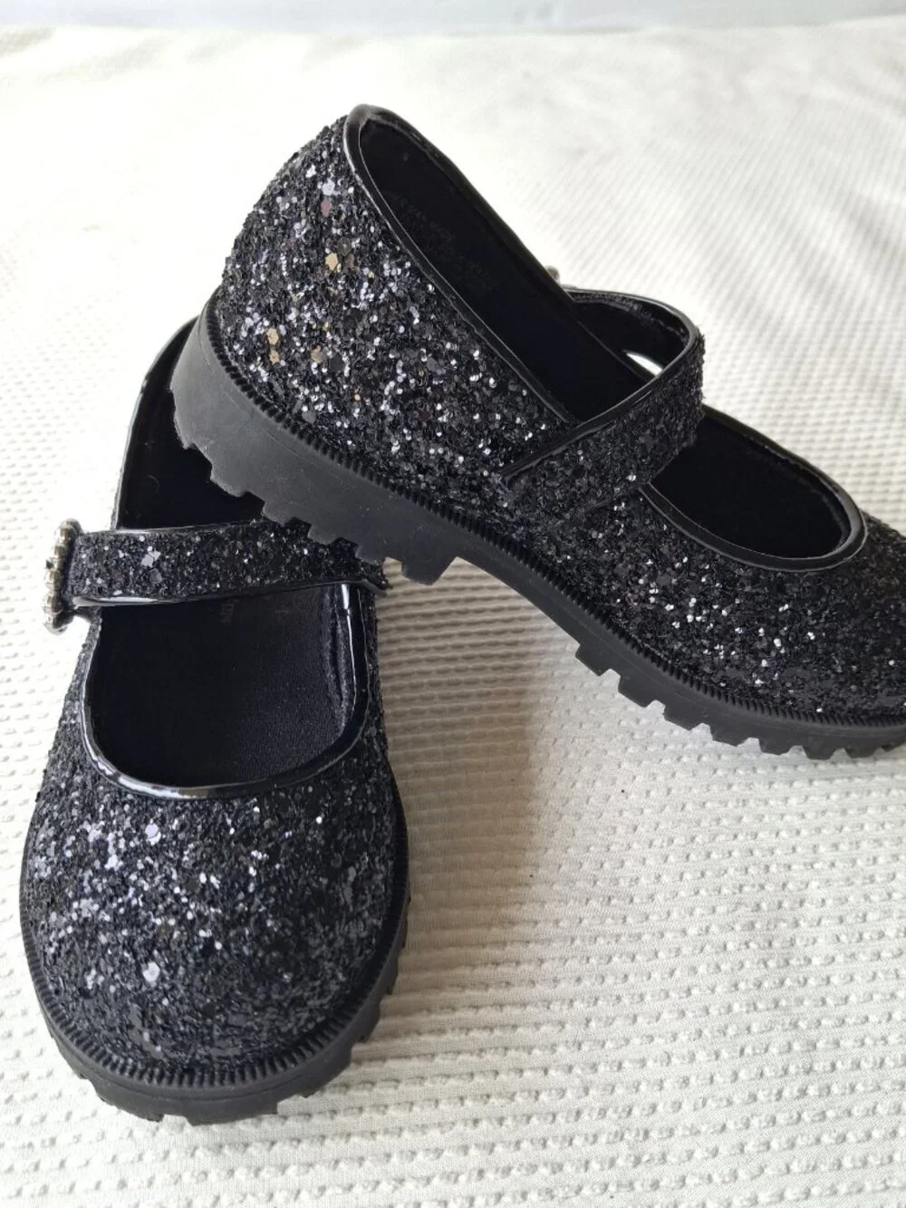 A Lil Dream Girls Black Glitter Mary Jane Flats Size 9 Hook & Loop Shoes